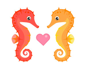 Couple seahorse with heart isolated on white. Cute cartoon vector funny sea animal. Flat icon.
