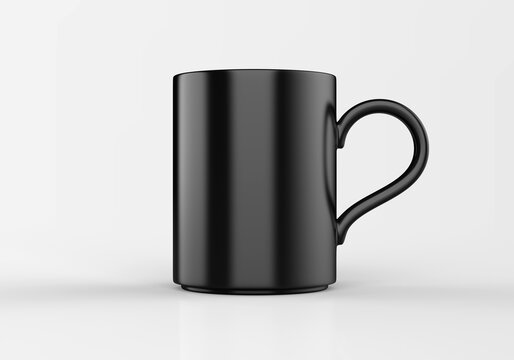 Black cup mockup. Mug on a gray background for graphic designers presentations and portfolios. 3D rendering.