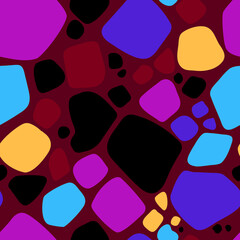 Pattern texture of mottled giraffe fur or mottled cowhide. Seamless pattern of black and colored random spots. Texture banner. Imitation of coloring of animal skins. Vector illustration on a burgundy 