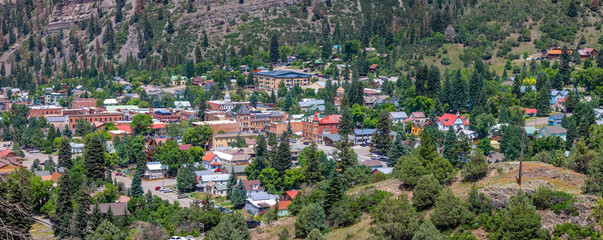 Aerial view of Historic Ouray city, Also known as the Outdoor Recreation Capital of Colorado.