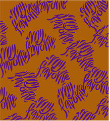 Cute wild animal Skin seamless Pattern. Trendy tpographic image purple color animal print for child, kids, teenager clothing garment fabric pattern on camel background.