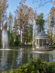Chinescos pond in Prince&rsquo;s garden in Aranjuez, with a small Greek temple with marble columns. Community of Madrid, Spain, Europe