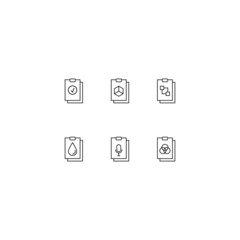 Line icon collection of vector signs and monochrome symbols drawn with black thin line. Suitable for shop, sites, apps. Icon of check, cubes, drops, microphone, intersected circles on clipboard