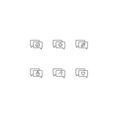 Line icon collection of vector signs and monochrome symbols drawn with black thin line. Suitable for shop, sites, apps. Checkmark, cross, cubes, timer, cat in speech bubble