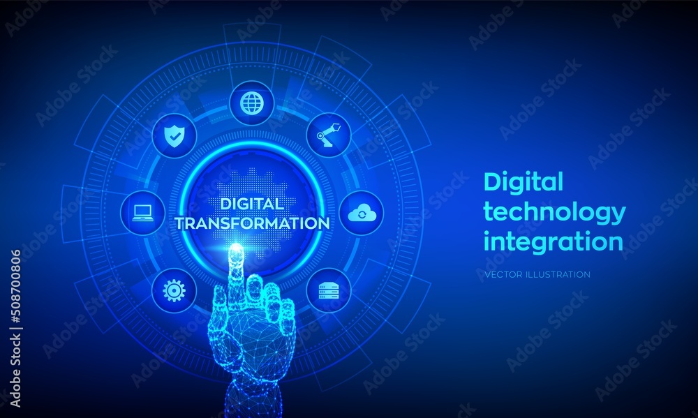 Poster digital transformation. digitization of business processes modern technology concept on virtual scre