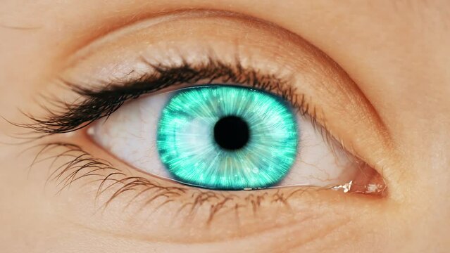 Eye Retinal Scanning. Person Eyeball Biometric Verification Technology. Augmented Reality Contact Lens Implant