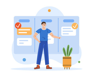 Man planning his work on task board. Work management concept. Vector illustration