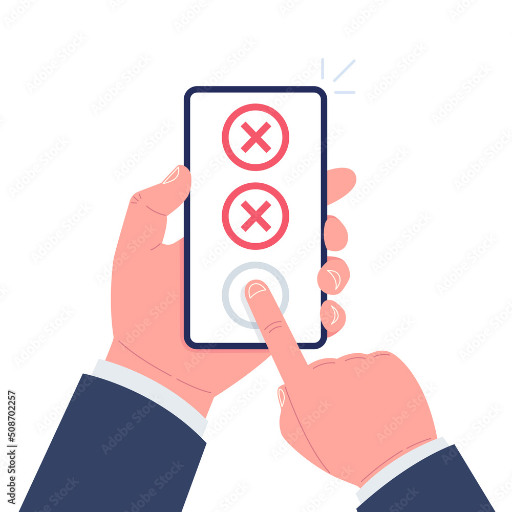 Aufkleber red check marks on smartphone screen. hand holds the smartphone and finger touch screen. vector illu