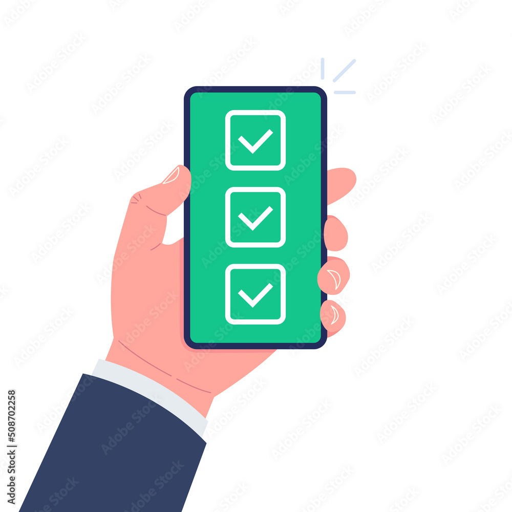 Poster hand holds the smartphone with green checkboxes on screen. vector illustration..