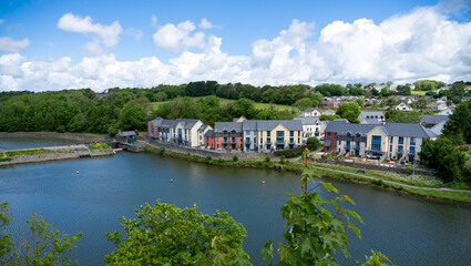 Fototapeta na wymiar view from the top of 80 foot high keep at the stunning Pembroke Castle, looking across Pembroke town