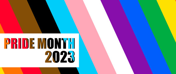 Inclusive Pride Background with Progress Pride Flag Colors. LGBTQ Rainbow flag with Pride Month 2023