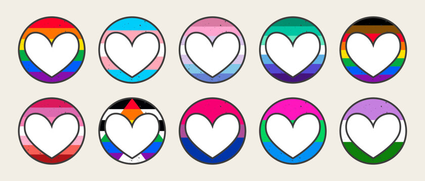 Retro Pride LGBTQ+ flags. 80s style retro rainbow striped circles with heart. Gay Pride Month. Flat design signs isolated on white background