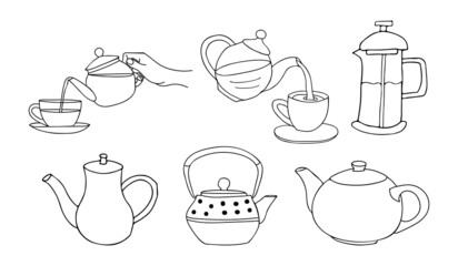 Hand drawn tea pot illustrations collection. Doodle tea icons collection. Set of hand drawn tea pots illustrations.