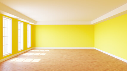 Unfurnished Empty Sunlit Interior with Yellow Walls, Three Large Windows, White Ceiling Cornice, Parquet Floor and a White Plinth. 3D rendering with a Work Path on the Windows. 8K Ultra HD, 7680x4320