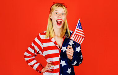 July 4th. Independence Day celebrate. Happy girl American flag. America. United states. USA. Summer.