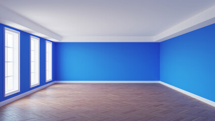 Beautiful Empty Room with Blue Stucco Walls, White Ceiling Cornice, Three Large Windows, Parquet Floor and a White Plinth. 3d illustration with a Work Path on the Windows. 8K Ultra HD, 7680x4320
