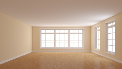 Fototapeta premium Unfurnished Empty Room with Beige Walls, Parquet Floor, White Plinth, Large Full Wall Window on the Center and Two Windows on the Right. 3D render with a Work Path on the Window. 8K Ultra HD 7680x4320
