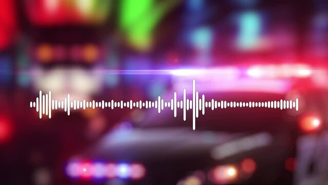 Police radio talk audio waveform. Police strobe flashing lights in background. Seamless loop