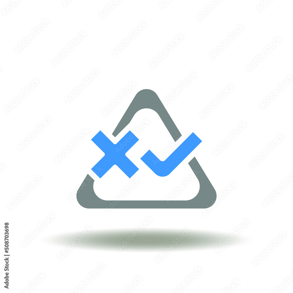 Poster vector illustration of attention triangle sign with cross and check mark. icon of rules compliance. 
