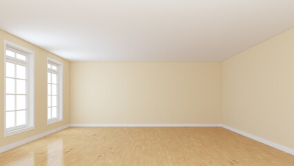 Fototapeta premium Unfurnished Empty Room with Light Beige Walls, Two Windows, Light Glossy Parquet Flooring and a White Plinth. Perspective View. 3D illustration with a Work Path on the Windows. 8K Ultra HD, 7680x4320