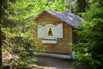 Fototapeta na wymiar fabulous little wooden house in a sunny forest. Hut from a fairy tale