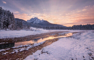 Winter sunset at Zelenci springs in Slovenia