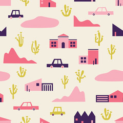 Pink City in the desert seamless pattern. Inspired by summer vibes of Los Angeles, California. Perfect for happy vibes! 