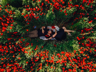 lovely couple laying down in the middle of the poppies flowers field