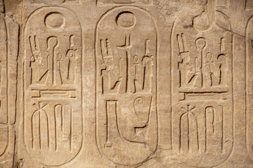 Different hieroglyphs on the walls and columns in the Karnak temple. Karnak temple is the largest complex in ancient Egypt.