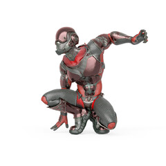 futuristic astronaut is crouched ready to jump in white background