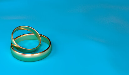 3d illustration, engagement rings, blue background, copy space, 3d rendering. 3d