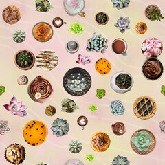 Cute seamless pattern of succulent plants and bakery cakes
