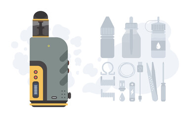 Vape or vapor illustration. Cigarette substitute. Smoking tool. Includes component icons. Flat style. Vector illustration