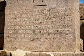 Different hieroglyphs on the walls and columns in the Karnak temple. Karnak temple is the largest...