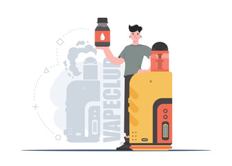 The guy holds in his hands a system for vaping. Flat style. The concept of vapor and vape. Vector illustration.