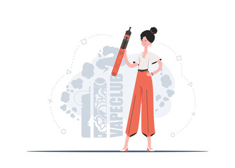 The girl holds in her hands a system for vaping. Trendy style with soft neutral colors. The concept of vapor and vape. Vector illustration.