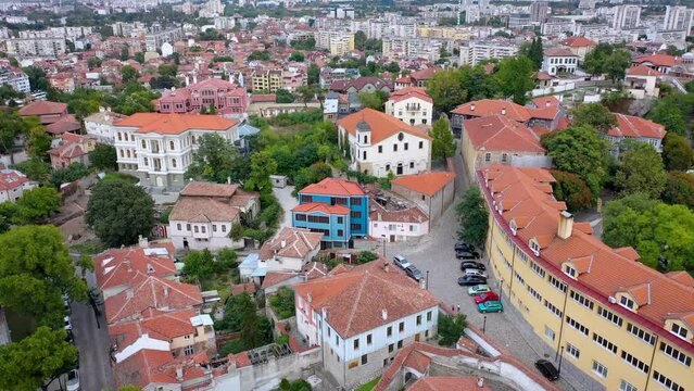 Old Town of Plovdiv city,, view with school and Armenian Apostolic Orthodox Church Surp Kevork, 4k
