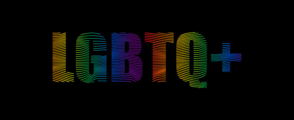 Dynamic line wave LGBTQ+ word banner vector illustration isolated on black background. Typography with L Lesbian flag, G Gay Pride flag, B Bisexual flag, T Transgender community pride, Q Queer - obrazy, fototapety, plakaty