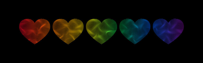 Dynamic line wave LGBTQ+ sexual identity pride concept. Rainbow colors in heart shape on black background