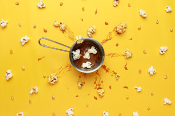 Caramel-sweet popcorn in a metal bowl. Caramel explosion. Yellow background and lots of popcorn....