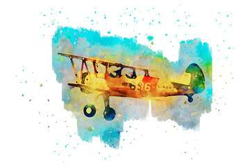 Biplan vintage plane, watercolor illustration  © Gylychly