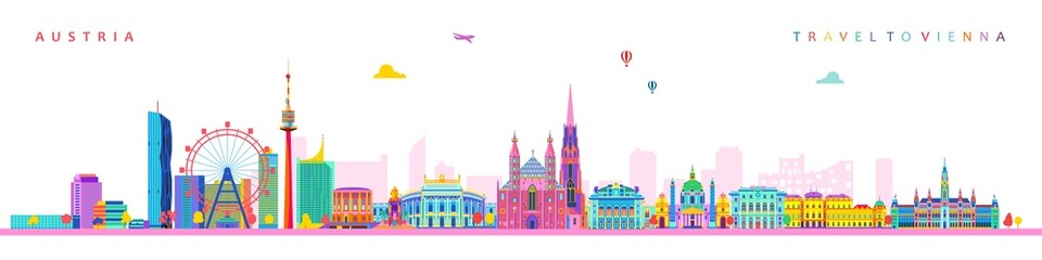 Vienna austria city skyline with color buildings vector illustration - obrazy, fototapety, plakaty