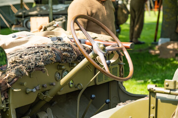 Close up of the interior of a military 4x4 sports utility jeep used in World War 2 on public...