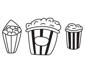 Hand drawn cartoon illustration of food.Popcorn set in doodle style paper cup striped .Cinema snack fast food. Striped cardboard bucket outline vector illustration.Isolated on white background.