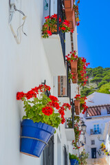 Flower pots attached as decor to the walls of houses. The famous decor of Andalusia.