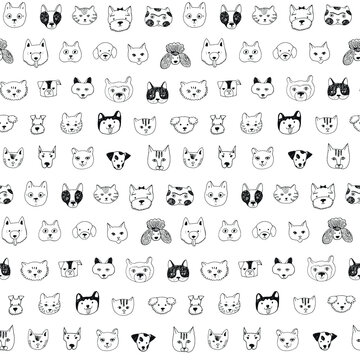 Cat and dog face vector seamless pattern