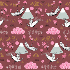 Japanese crane vector seamless pattern