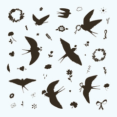 Swallow bird, flowers, wreaths vector silhouette illustrations set
