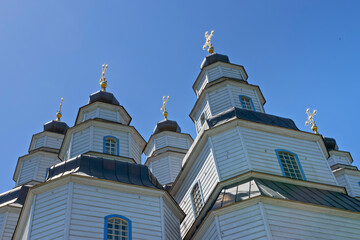 Unique wooden St. Trinity Cathedral in Novomoskovsk town, Ukraine.