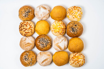 Different round breads with overhead view